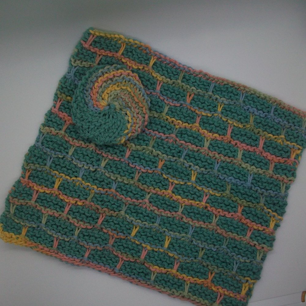 Handmade Knit Green Pink Cotton Wash Dish Spa Cloth Scrubbie Set